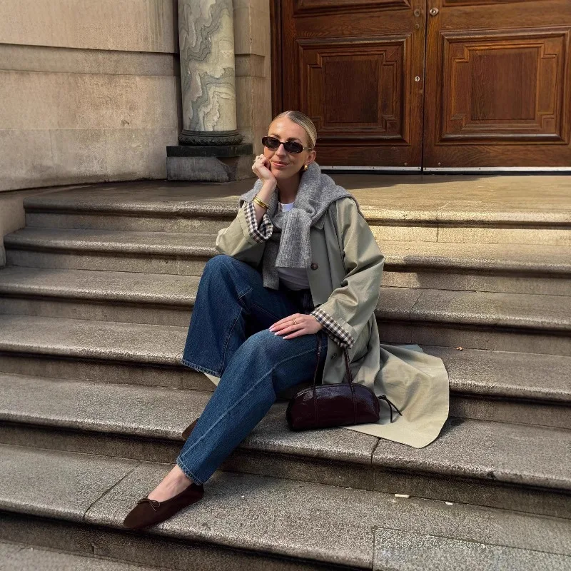 Women Trench Coat Spring Autumn Japanese Minimalist Loose Oversized Mid-Length Windbreaker Casual Solid Color Lapel Long
