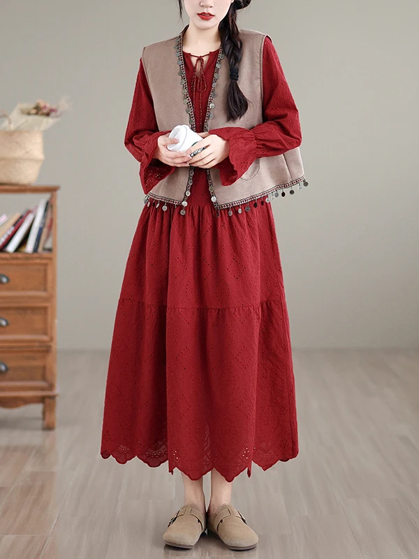 Reine Farbe bestickt Urlaub Dr. Große Größe Damen Herbst Winter Langer schlankmachender Bauch bedeckender langer Sve A-Linien-Rock