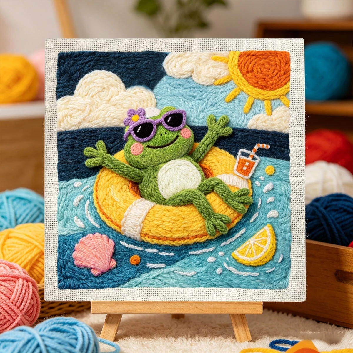 1 Set Frosch auf Schwimmring DIY-Stickerei-Set für Anfänger, Stickerei-Starter-Kit, Kreuzstich-Kunstgeschenk, Handarbeits-Bastelset – Detail 3