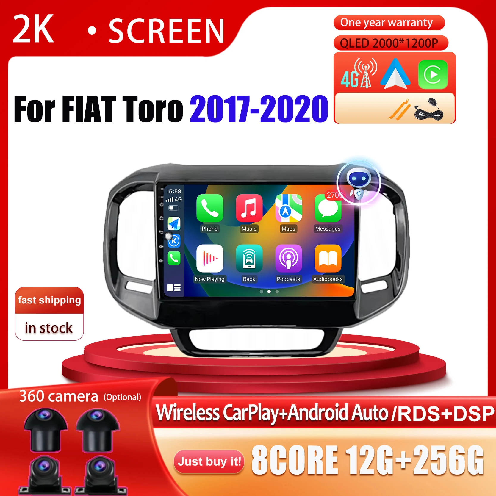 

For FIAT Toro 2017-2020 Android 14 Auto Radio Carplay RDS DSP Multimedia Player GPS Navigation 360 Camera NO 2Din DVD Head Unit