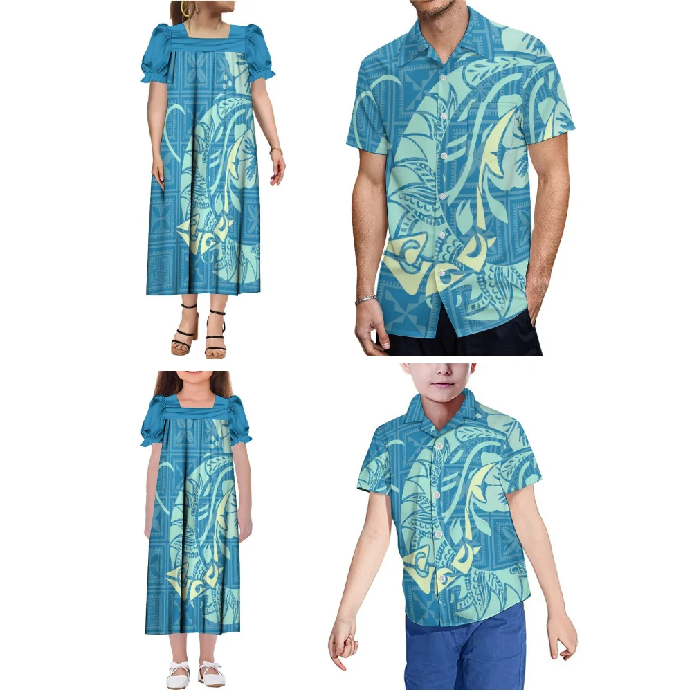 Polynesian Tribe's nieuw ontworpen bedrukte Mumu moeder-dochter jurk met pofmouwen en vader-zoon casual shirt top