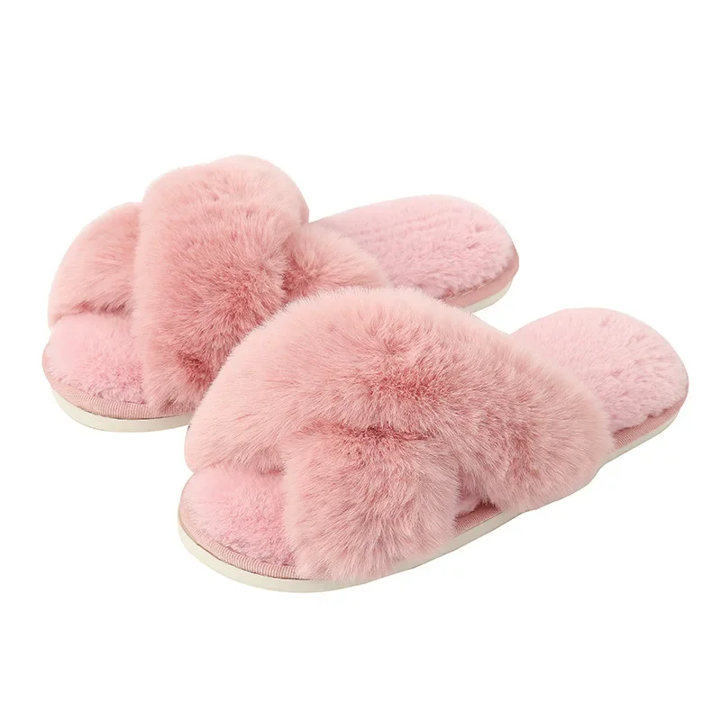

Winter Plush Cross Strap Cotton Slippers for Indoor Warmth Enlarged Plush Slippers for Women High-low Imitation Rabbit Fur