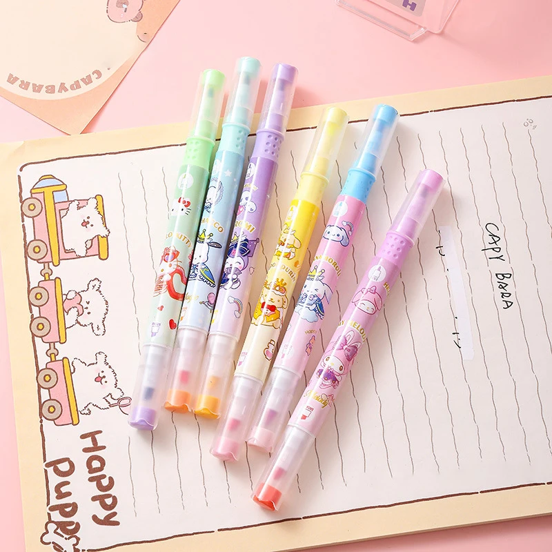 6Pcs Sanrio Highlighter Pen Set mymelody Kuromi Cinnamoroll Pom Pom Purin Pochacco Markers Stationery Mini Felt-tip Highlighters