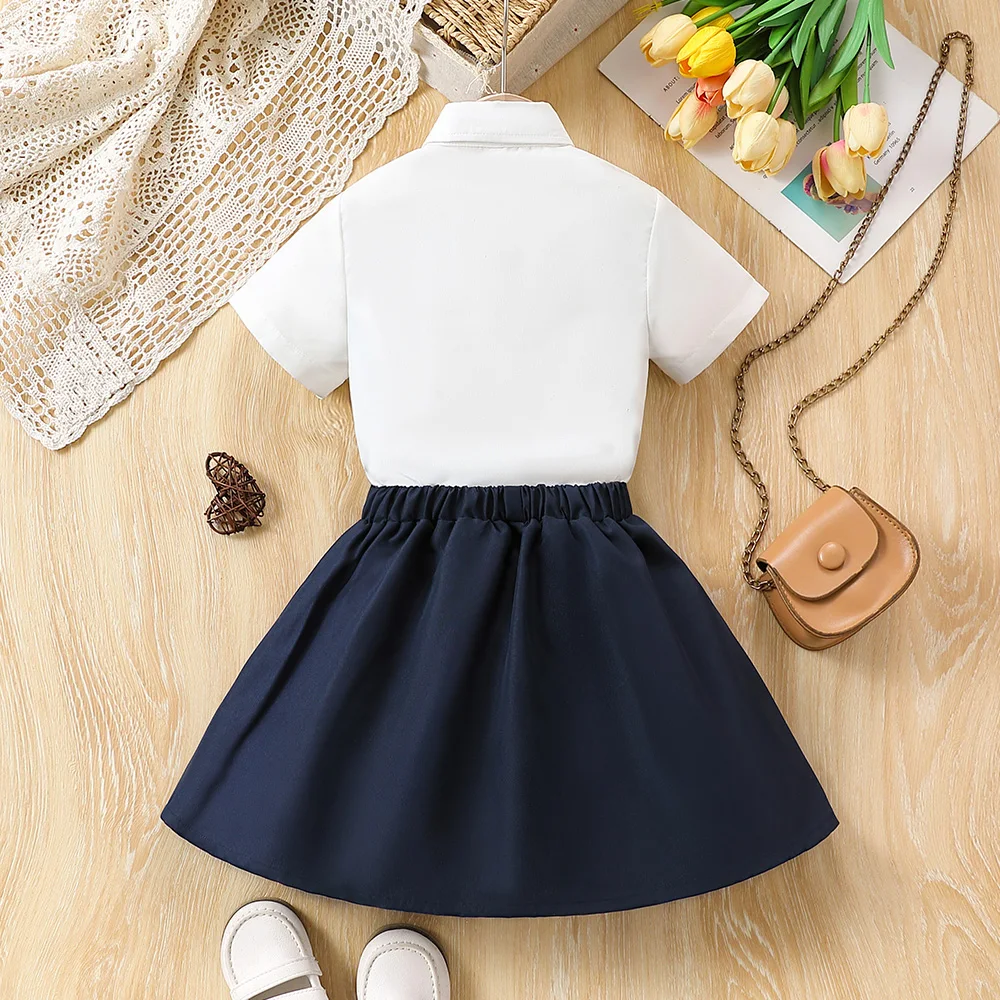 Girl\'s Button Front White Shirt and Navy Skirt One-Piece Dress School Blouse Girls Uniform Clothing