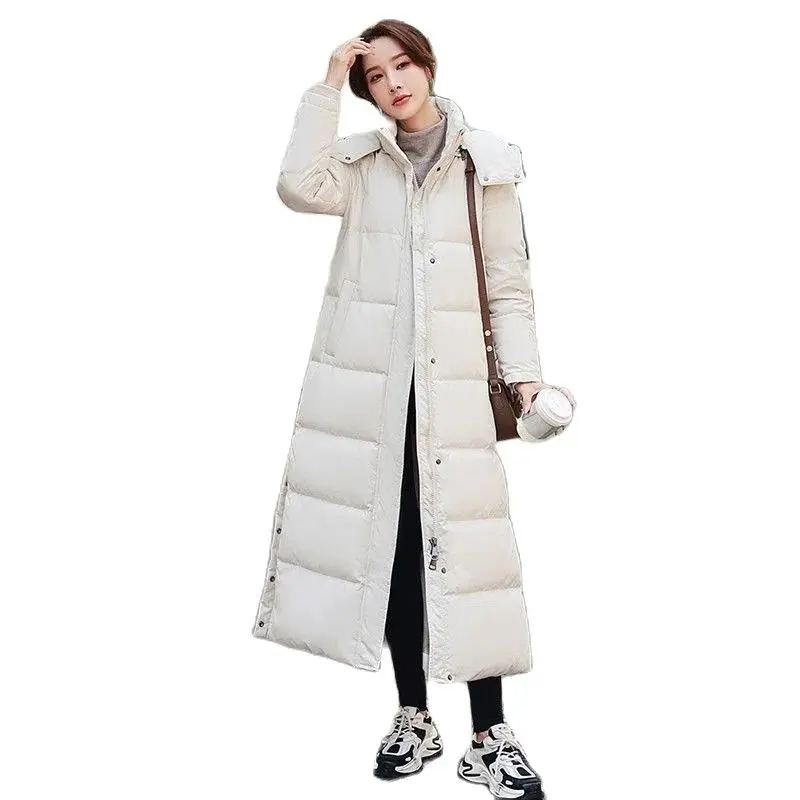 

High-quality Down Women's TeMperament Long Slim Over-the-Knee Fashion Long-sleeved Hooded Split Winter Warm Thick Coat