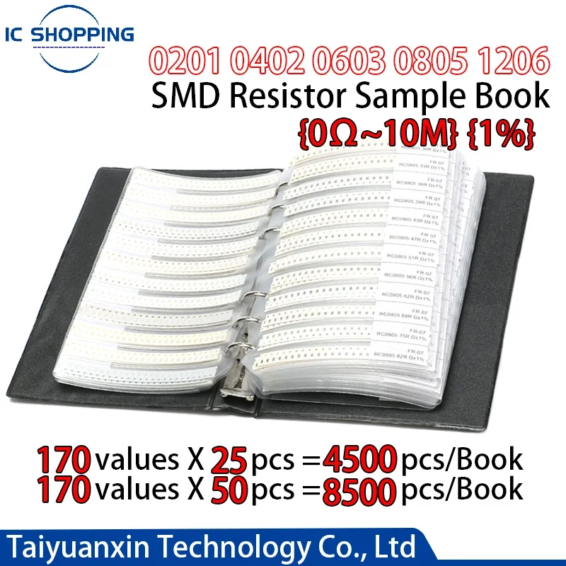 4250PCS 8500PCS 0201 0402 0603 0805 1206 SMD Resistor Book 1% Component Sample Book Assortment Kit 10K 100K 1K 1R 100R 220R