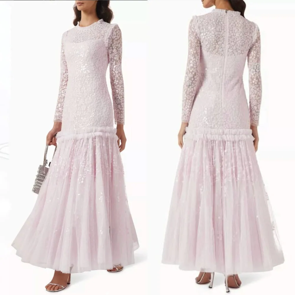 

High Quality Customized Ankle Length Pleat Full Sleeves Zipper Up Vestidos Elegantes Para Mujer Para Una Boda Evening Dress Robe