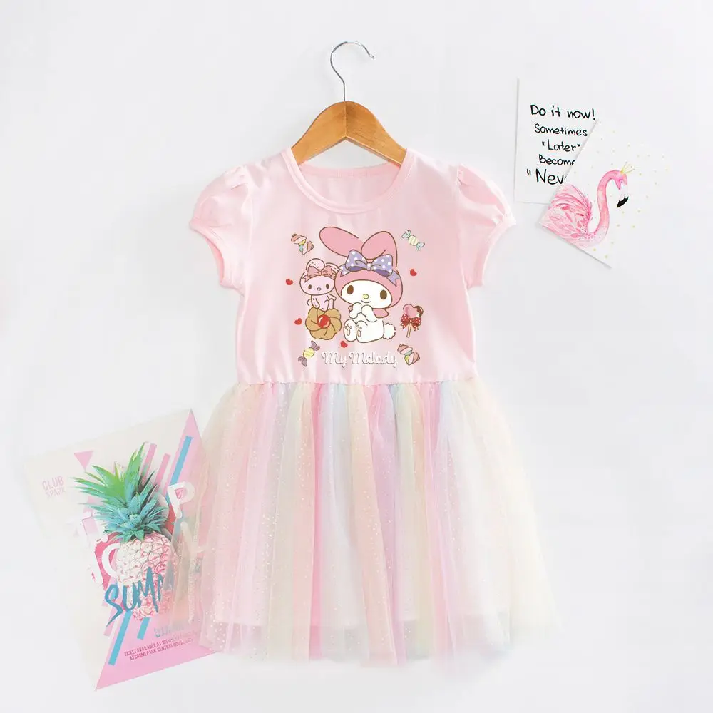 Children Clothing Summer Kid Sanrio Kuromi Melody Dresses Baby Girls Short-Sleeved Rainbow Mesh Princess Party Costume Vestido