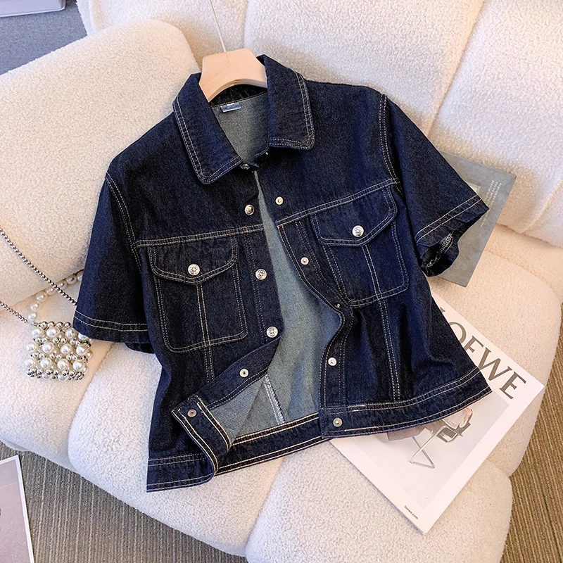 Deep Blue Short Sleeve Denim Jacket For Women Spring/Summer Lapel  Single Breasted Korean Loose All-Match Short Casual Top