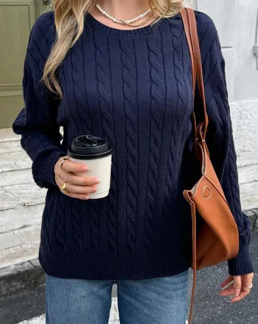 

Autumn and Winter Solid Round Neck Fried Dough Twists Jacquard Knitting Sweater for Women Casual Simple Loose Sweater