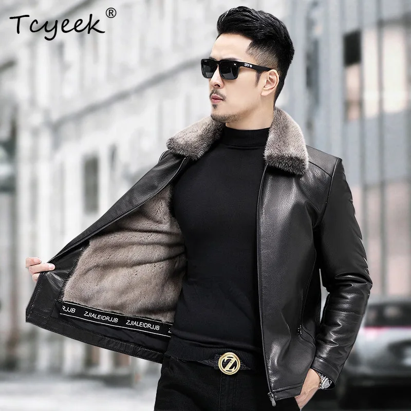 Tcyeek Natural Sliver Blue Mink Coat Men Fashion Goatskin Real Leather Jacket Man Detachable Collar Winter Clothes المنك رجالي