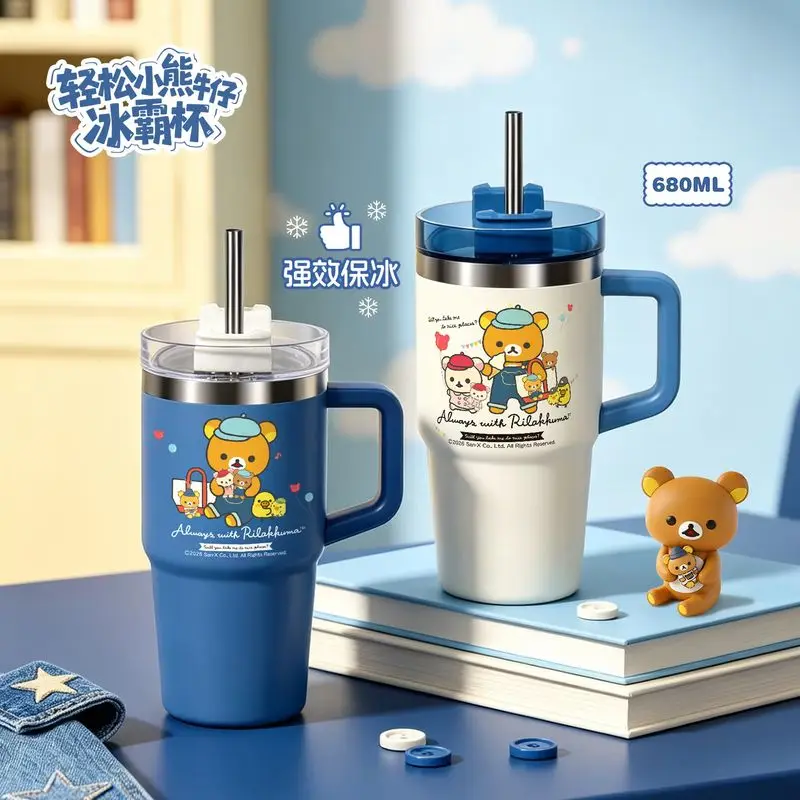 Rilakkuma Edelstahl-Becher 680ml Isolierter Wasserbecher mit Strohhalm und Griff, auslaufsicher, für Auto und Reisen, Thermobecher