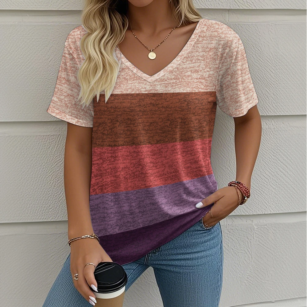 

Color Splicing Checkered Stripe Women's V-Neck Short Sleeved Top 3D Printed T-Shirt Woman Clothing Top Women's Shirt Y2k Clothes
