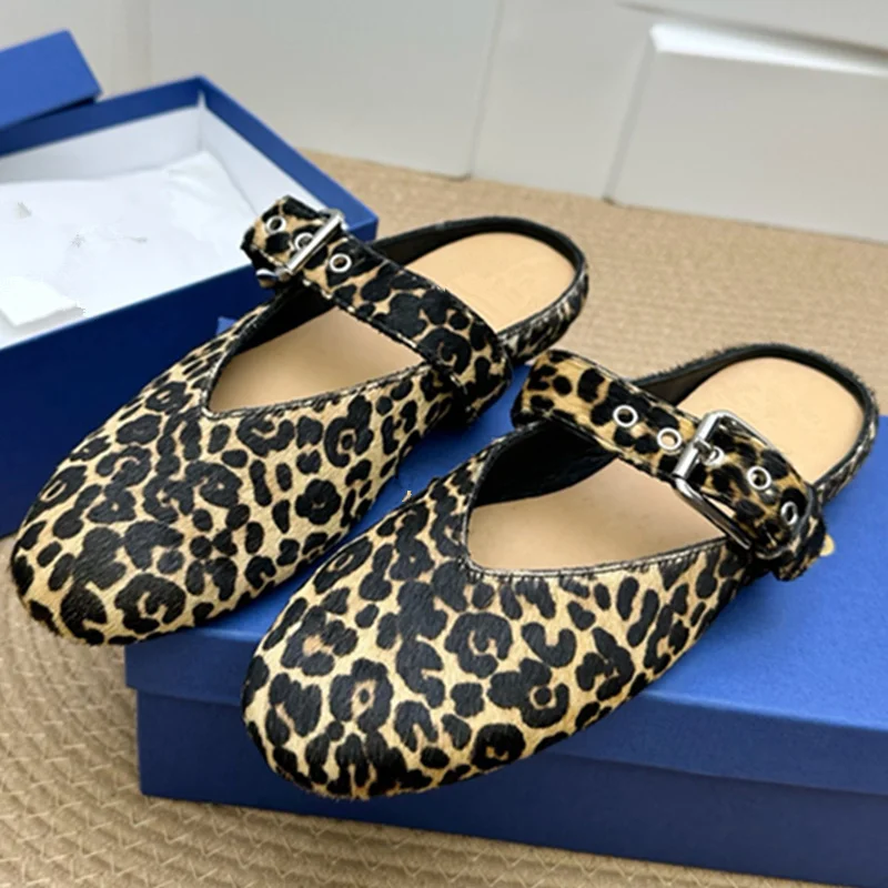 

Jenny&Dave French Retro Mule Slippers Shoes Women Sheepskin Leopard Print Round Toe Flat Shoes Casual Commuting Loafers Women