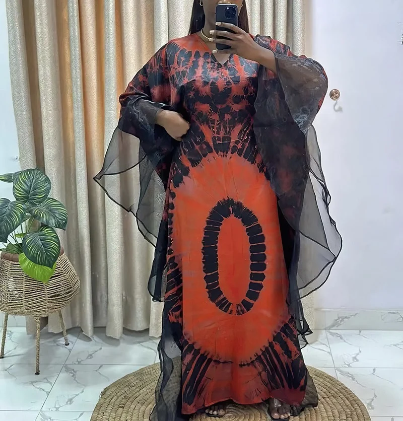 

2025 New Fashion Elegant Loose and Enlarged European and American Heavy Organza Ethnic Bubu African Print Women's Waist Casual Dress