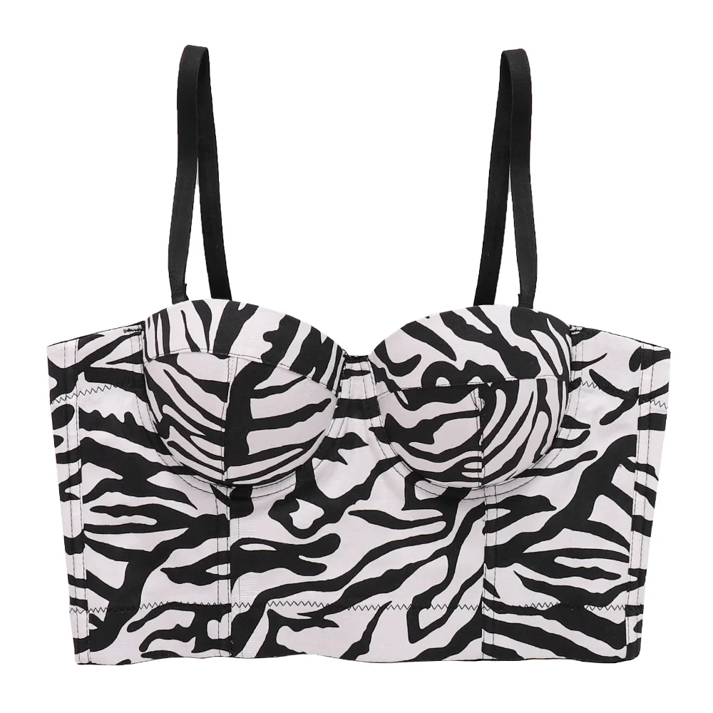 

Zebra Print Suspender Bustier Bra Bodycon Crop Top Sexy Slimming Clubwear & Street Style Performance Outfit, Women's Push-Up Bra