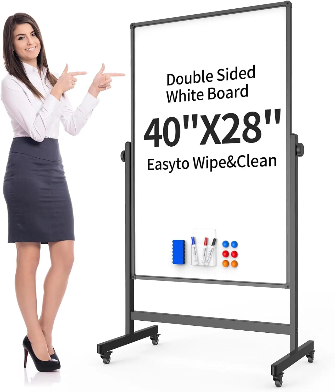 

Adjustable Rolling Whiteboard 40x28" - Dual-Sided Easel on Wheels for Office, Home, Classroom