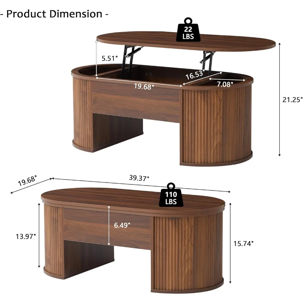 طاولة قهوة بيضاوية قابلة للرفع مع مساحة تخزين مخفية، طراز منتصف القرن