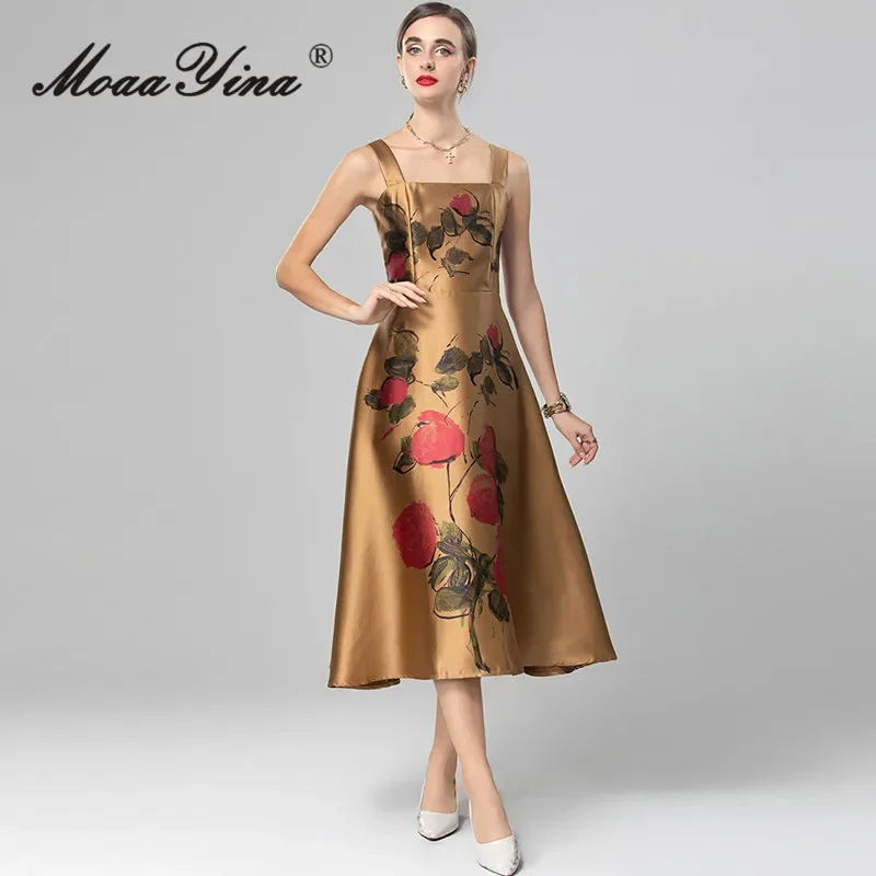 MoaaYina Autumn New Style fashionable Dress Women Spaghetti Strap Backless Rose Print Square-Neck A-Line Dresses