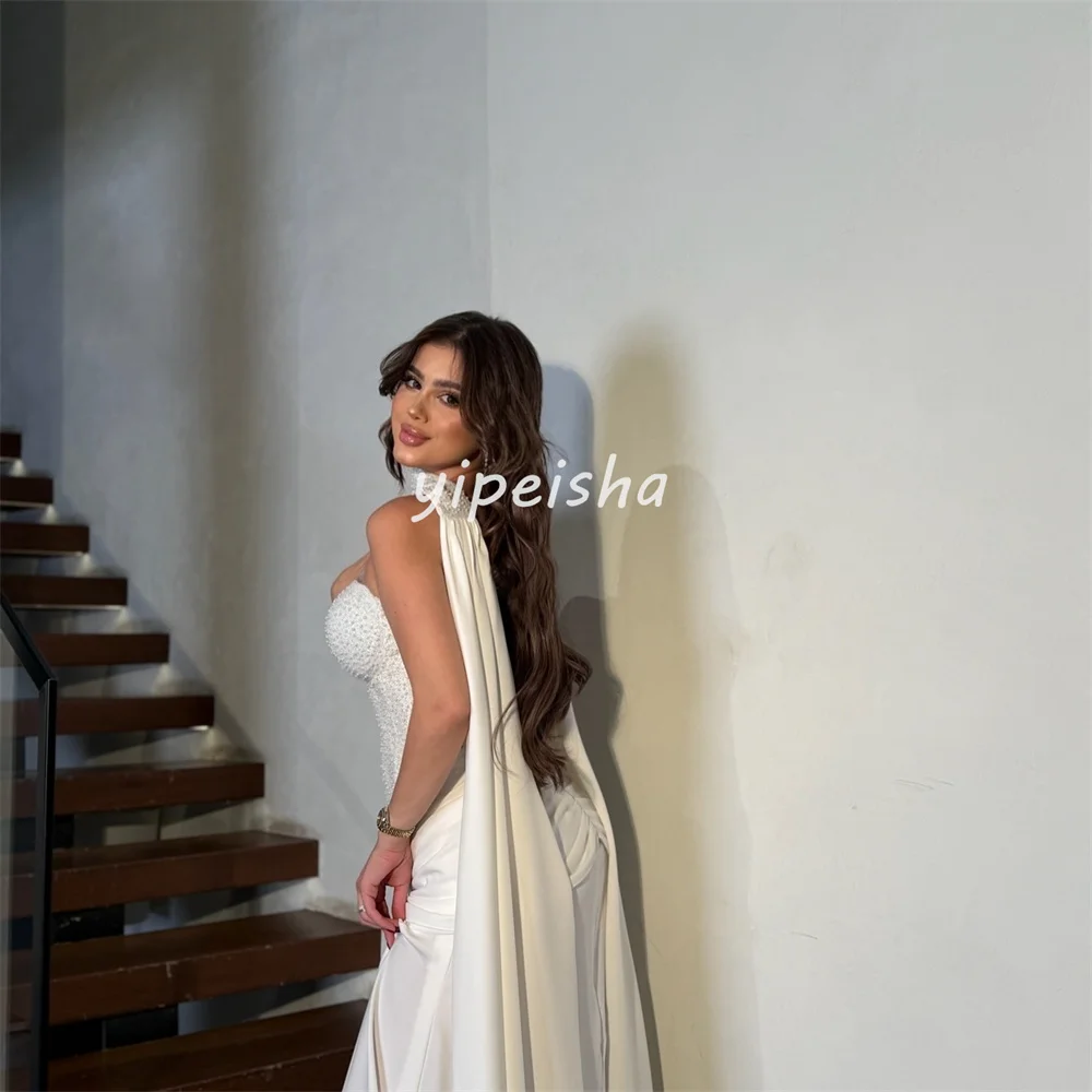 맞춤형 매칭 섹시한 저지 플리츠 주름 장식 비즈 장식 스팽글 장식 A라인 스트랩리스 롱 드레스 맞춤형 행사 드레스 정교한