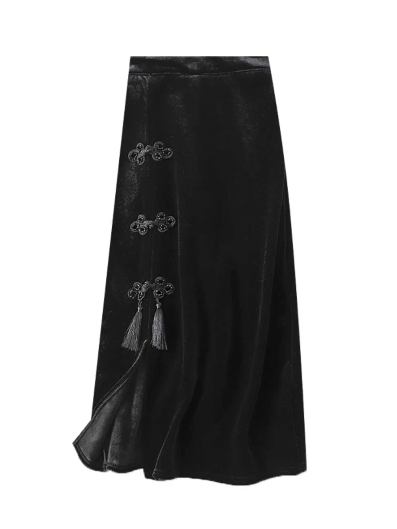 Women's Black Gothic A-line Velvet Skirt Vintage Y2k Gyaru Chinese style High Waist Skirt Harajuku Mid Long Skirts 2000s Clothes