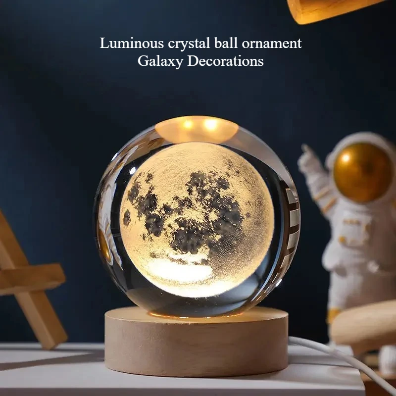 Glowing Planetary Galaxy Starry Astronaut Crystal Ball Bedside Christmas Kid Gift Colorful Crystal Ball Ornament with Base