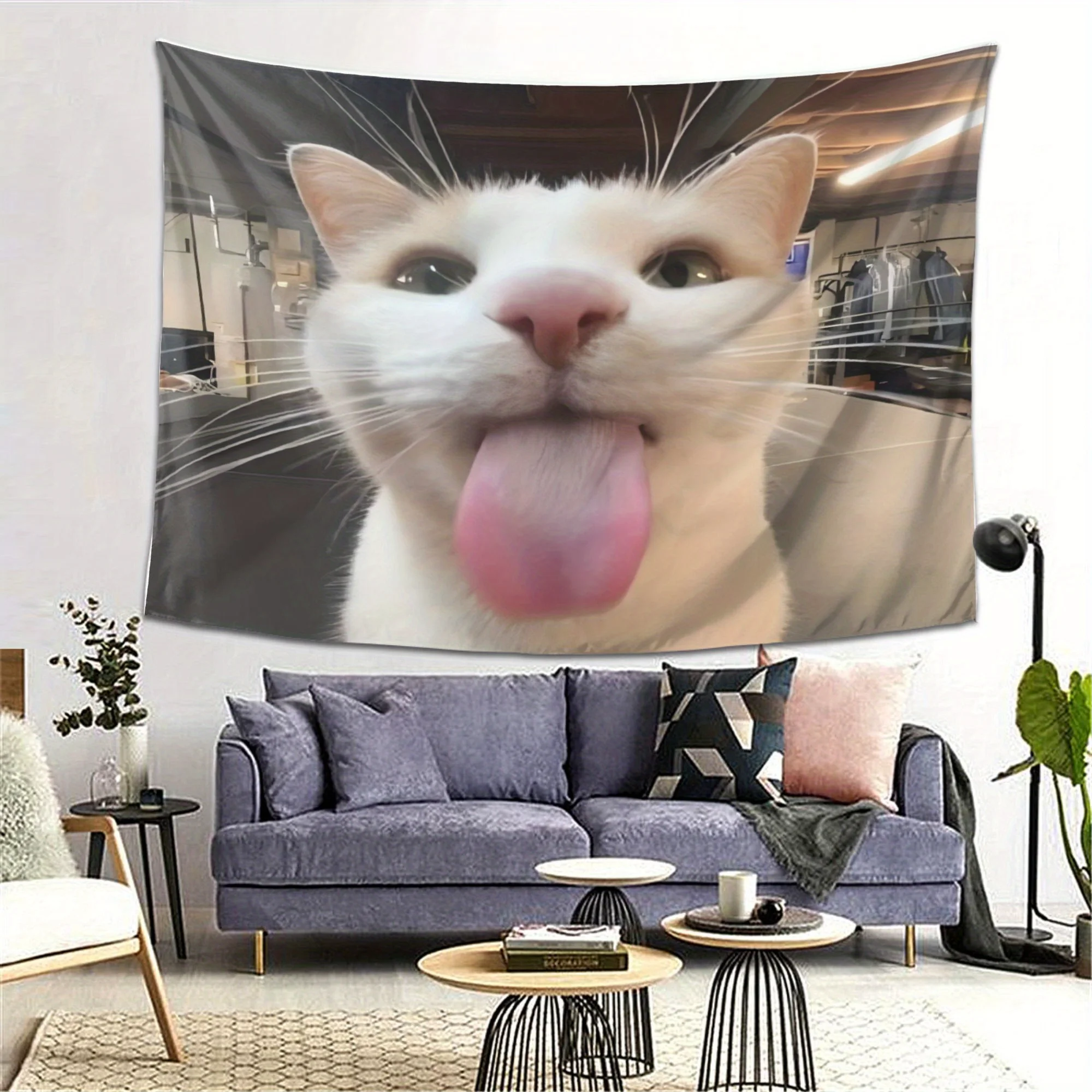 VIKAMA Cute Talking Cat Tapestry Living Room Sofa Background Wall Creative Decoration Warm Ins Style Bedroom Decoration