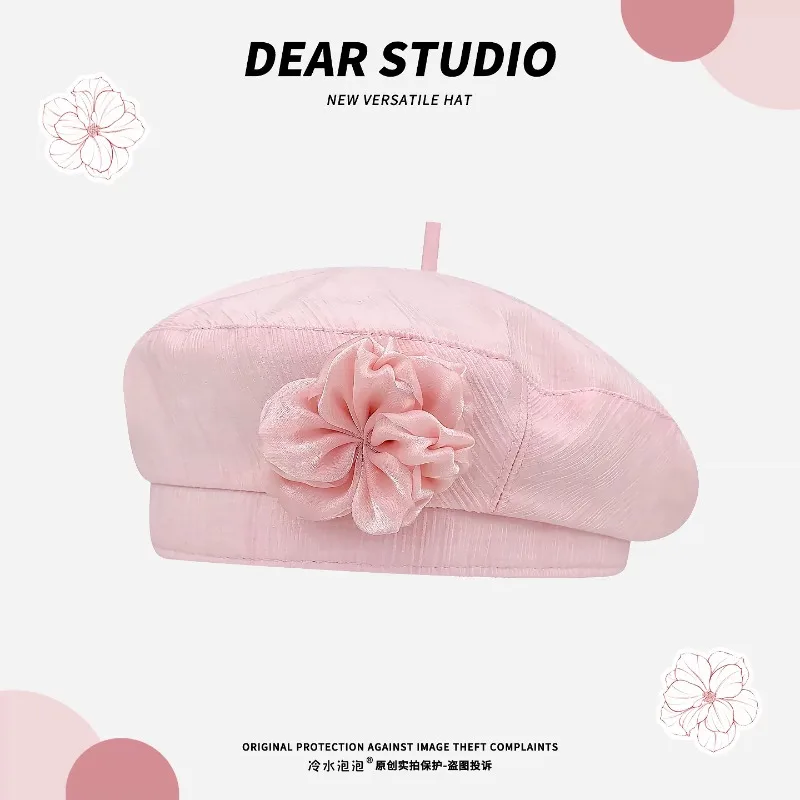 Koreanische Baskenmützen mit Faltenstruktur und süßem Blumendesign für Damen, Sommer und Herbst, Reisen, Freizeit, vielseitige, dünne Malermützen