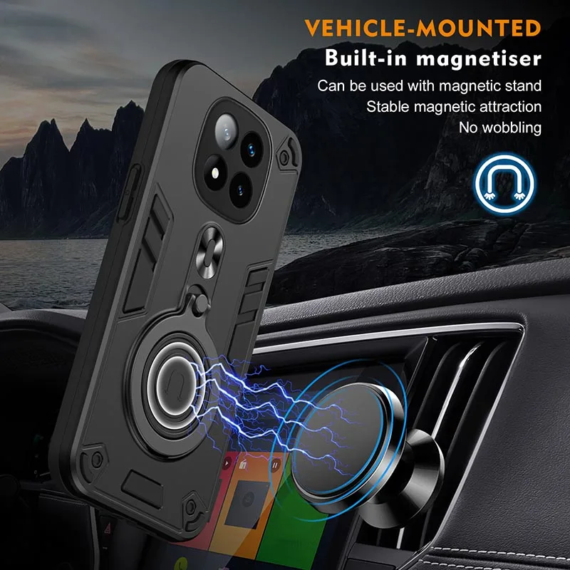 حافظة لهاتف Xiaomi Redmi 14C 13C A3 Note 13 14 Pro Plus 4G Turbo3 5G، لـ MagSafe Ring 360 Rotate Kickstand غطاء مقاوم للصدمات