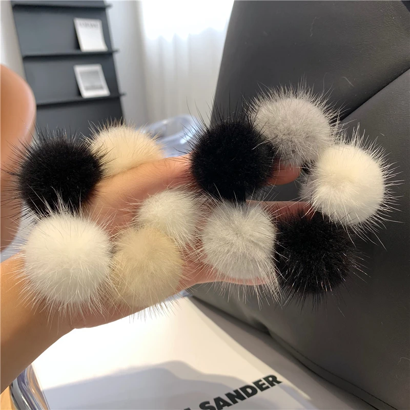 Luxury Real Mink Fur Plush Ball Flowers Women Elastic Rubber Band Hair Rope Patchwork Color Hair Ring Girls Headband Accessories