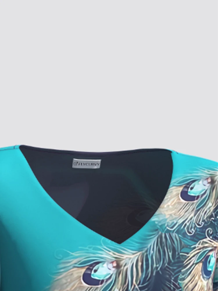 Women Chiffon Short Sleeve T shirt Plus Size V-Neck Casual Loose Peacock Feather Print Vintage Summer Fashion Tee Top 2024