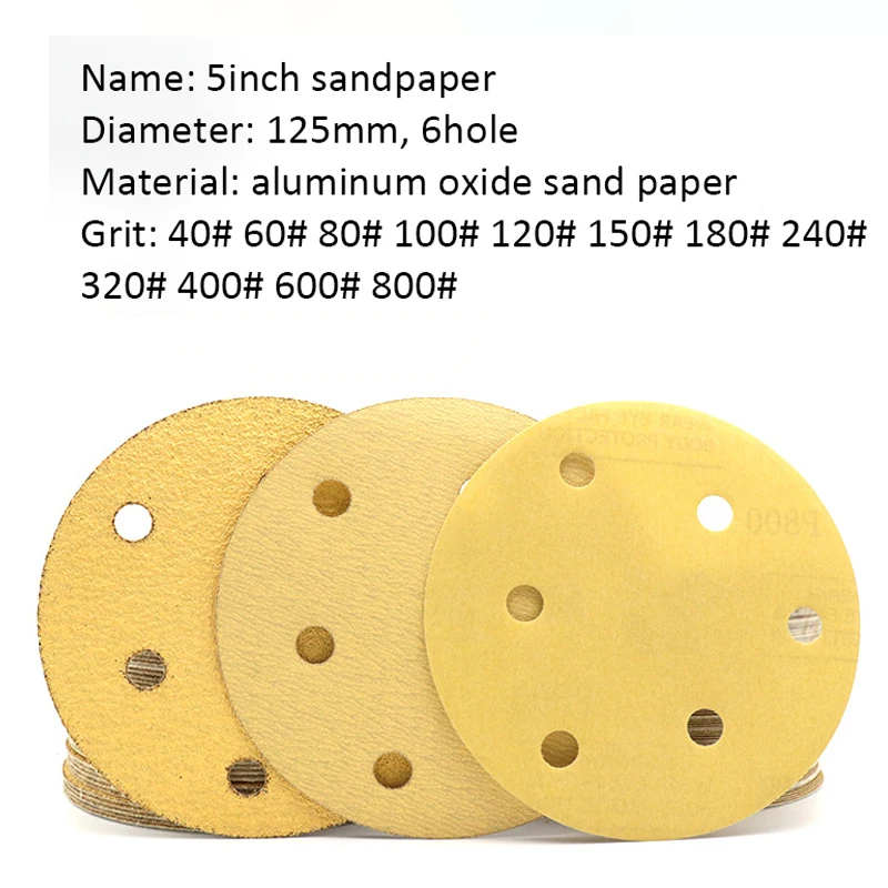 5pcs 5" 125mm Yellow Flocked Sandpaper Disc With 6-holes Grit 60-800# Hook&Loop Abrasive Grinding Polishing Pad for Dremel Tools