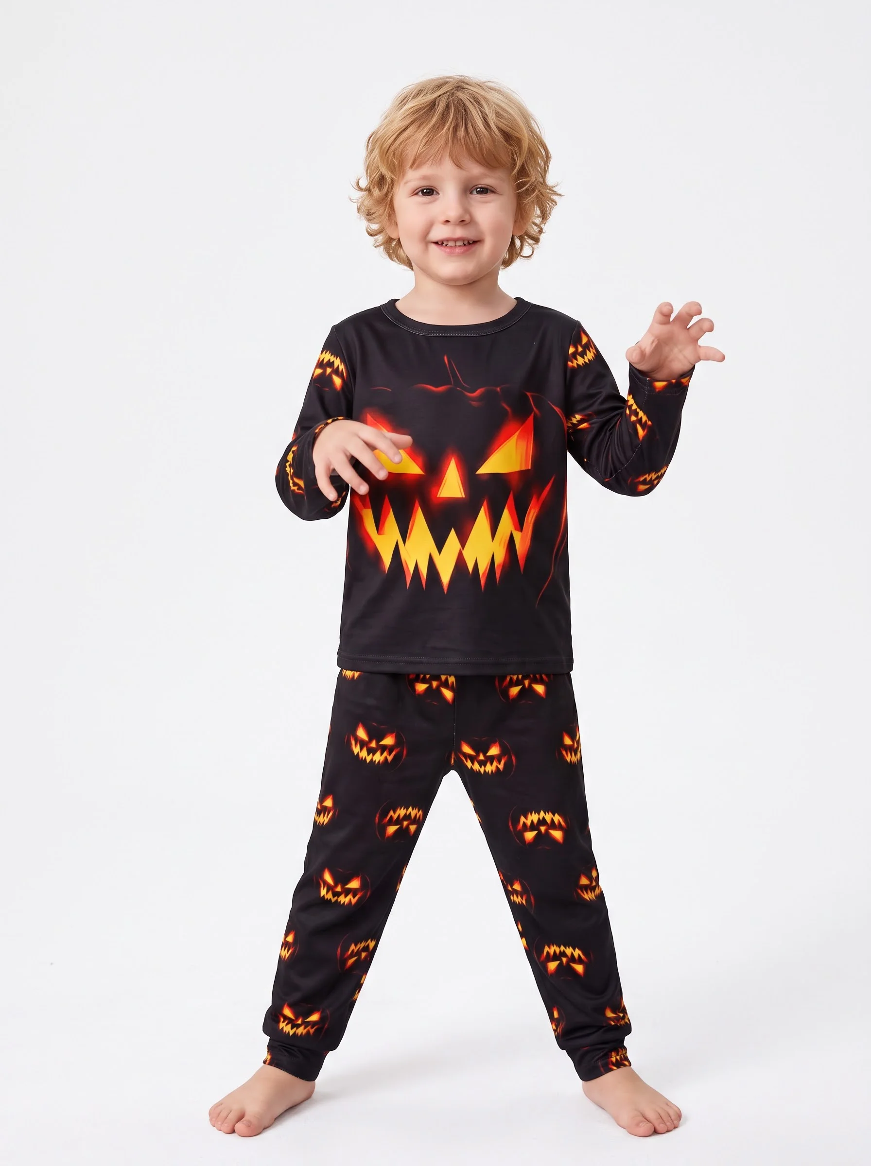 Boys Halloween Flame Resistant Pajamas Set Jack-o'-lantern Pumpkin Print Long Sleeve 2Pcs Kids Sleepwear Loungewear