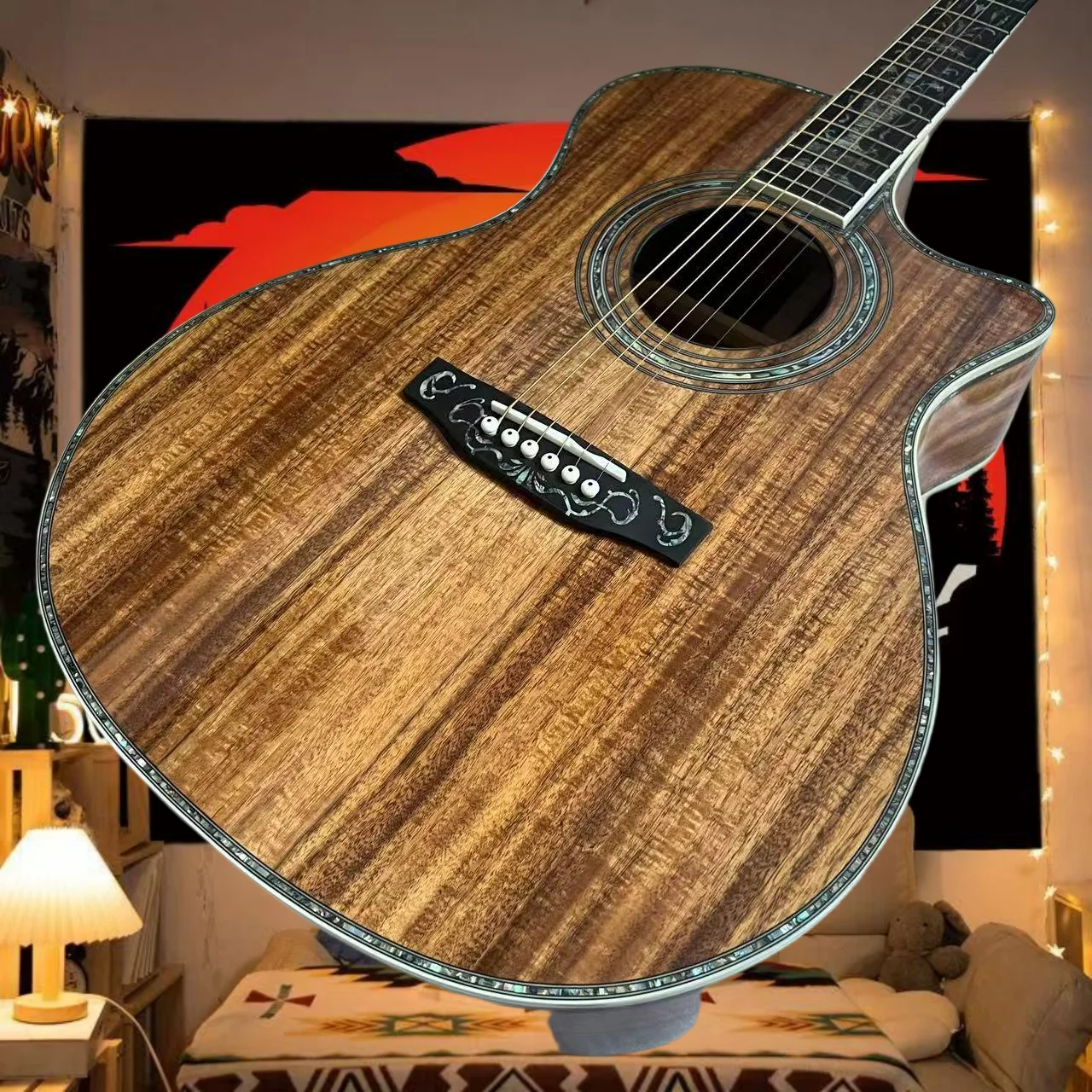 Free Delivery OM Acoustic Guitar Solid Top Luxury Large Vase Neck Abalone Shell Pattern KOA Body Exquisite Gift Beginner