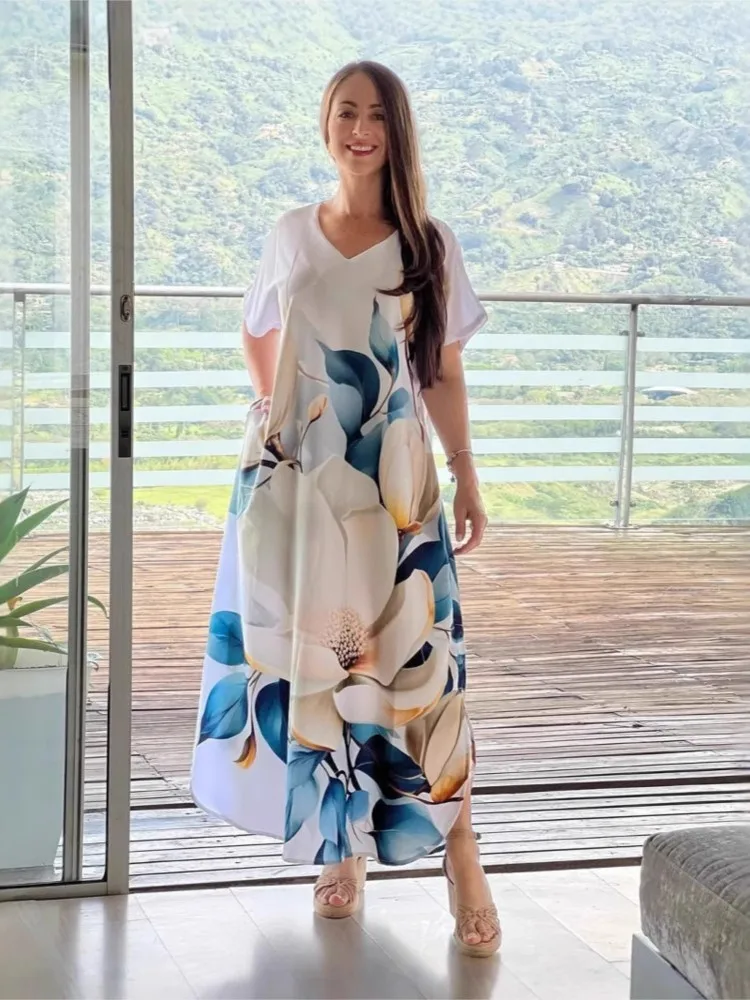 

Sexy V-neck New Fashionable Printed Long Dress Spring Summer Casual Loose Fit With Pockets Plus Size Short Sleeved Dress