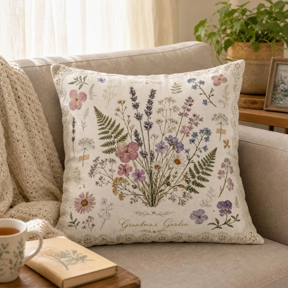 Vintage Dried Wildflower Lace Printed Square Throw Pillow Botanical Cottagecore Decorative Cushion for Farmhouse Sofa Home Decor
