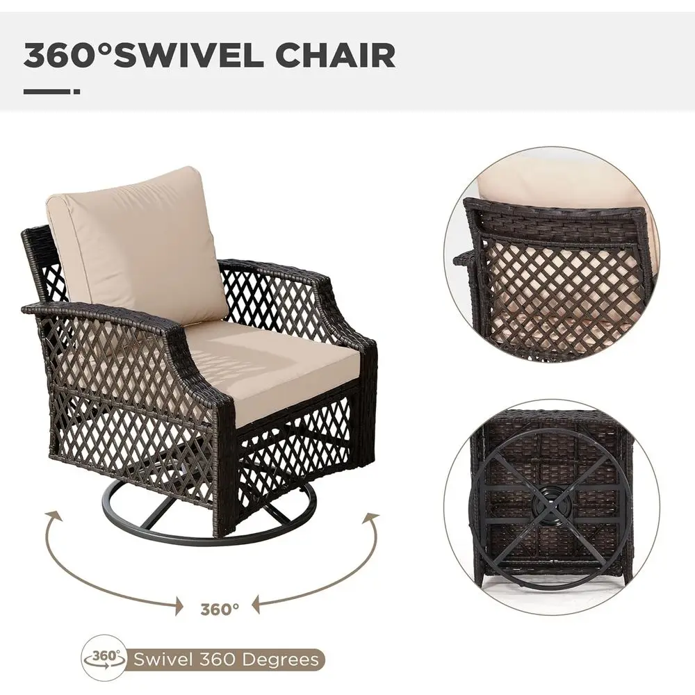 3-Piece Wicker Swivel Chair Set with Cushions and Glass Table for Outdoor Patio, Deck, or Garden