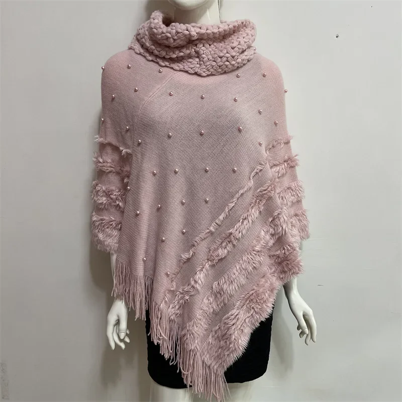 European American Autumn Winter New Jacquard Pearl Women Wear Warm High Collar Lady Shawl Cloak Fashion Pink