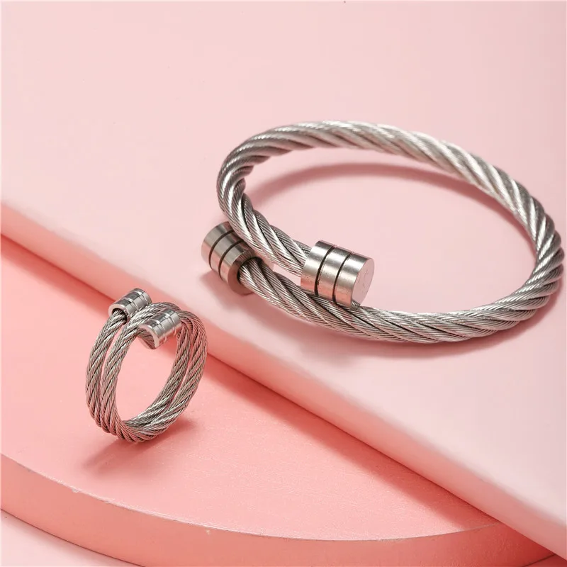 Trendy 316L Stainless Steel Couple Accessories Titanium Steel Wire Rope Bracelet Ring Set Open Ladies Jewelry Set