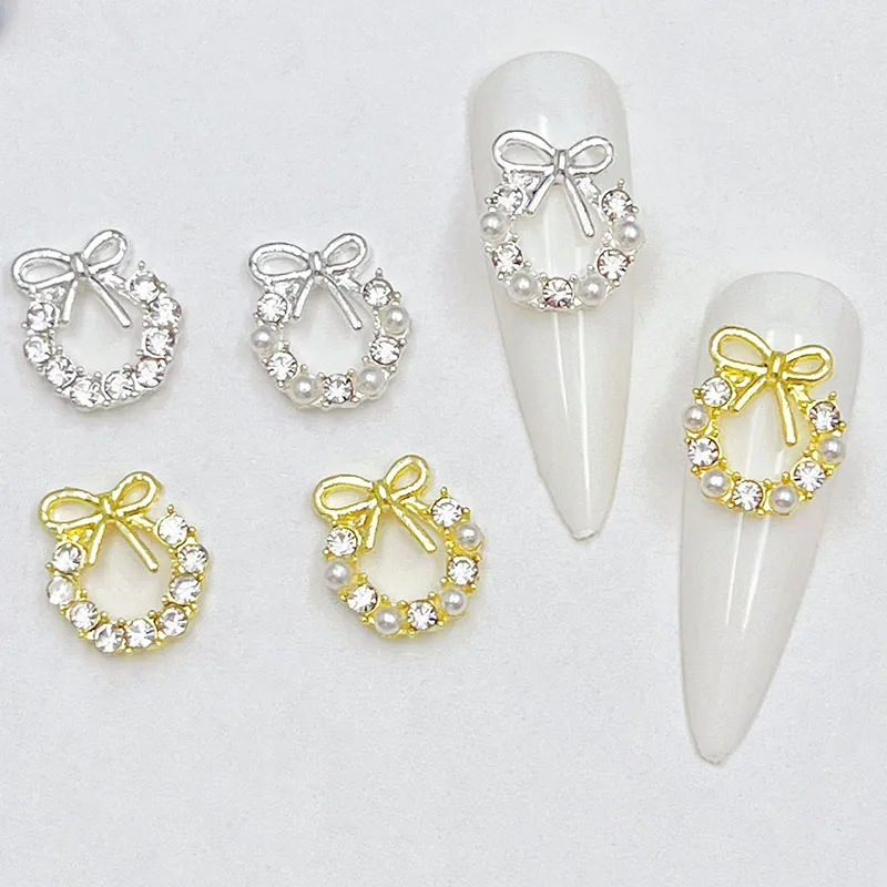 10Pcs Garland Bowknot Pearl Zircon Nail Art Charms Rhinestones Chrixtmas Wreath Design Crystals Jewelry Nail Art Decoration