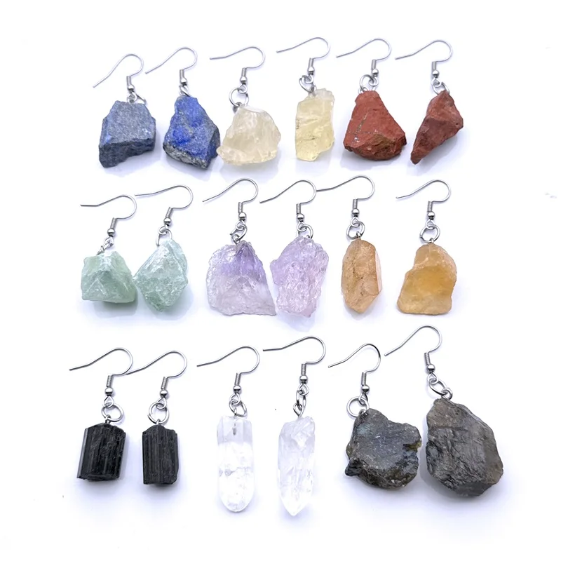 Irregular Rough Raw Ore Natural Stone Earrings Fluorite Amethysts Quartz Crystal Agates Stainless Steel Hook Earrings