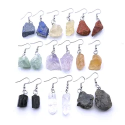 Irregular Rough Raw Ore Natural Stone Earrings Fluorite Amethysts Quartz Crystal Agates Stainless Steel Hook Earrings