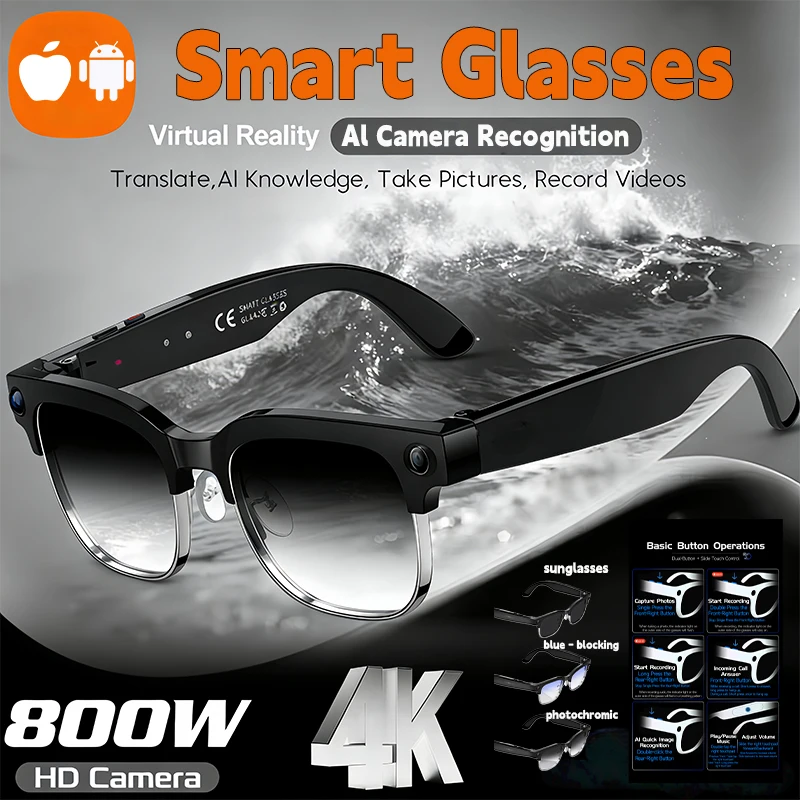 

AI Smart Glasses with 8MPNoise Cancelling Camera Video Recording 100+ Languages Translation Sunglasses Color-Changing Men Wome