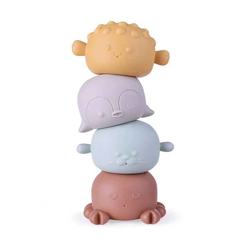 4PCS Toddler Animal Bath Toys Floating Squeaky Tub Toys For Babies Stackable Soft Rubber Sea Animal Water Spraying Bathtub Toys