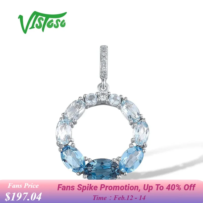 

VISTOSO Genuine 14K 585 White Gold Pendant For Women Sparkling Gradual Blue Topaz Diamond Circle Pendant Gorgeous Fine Jewelry