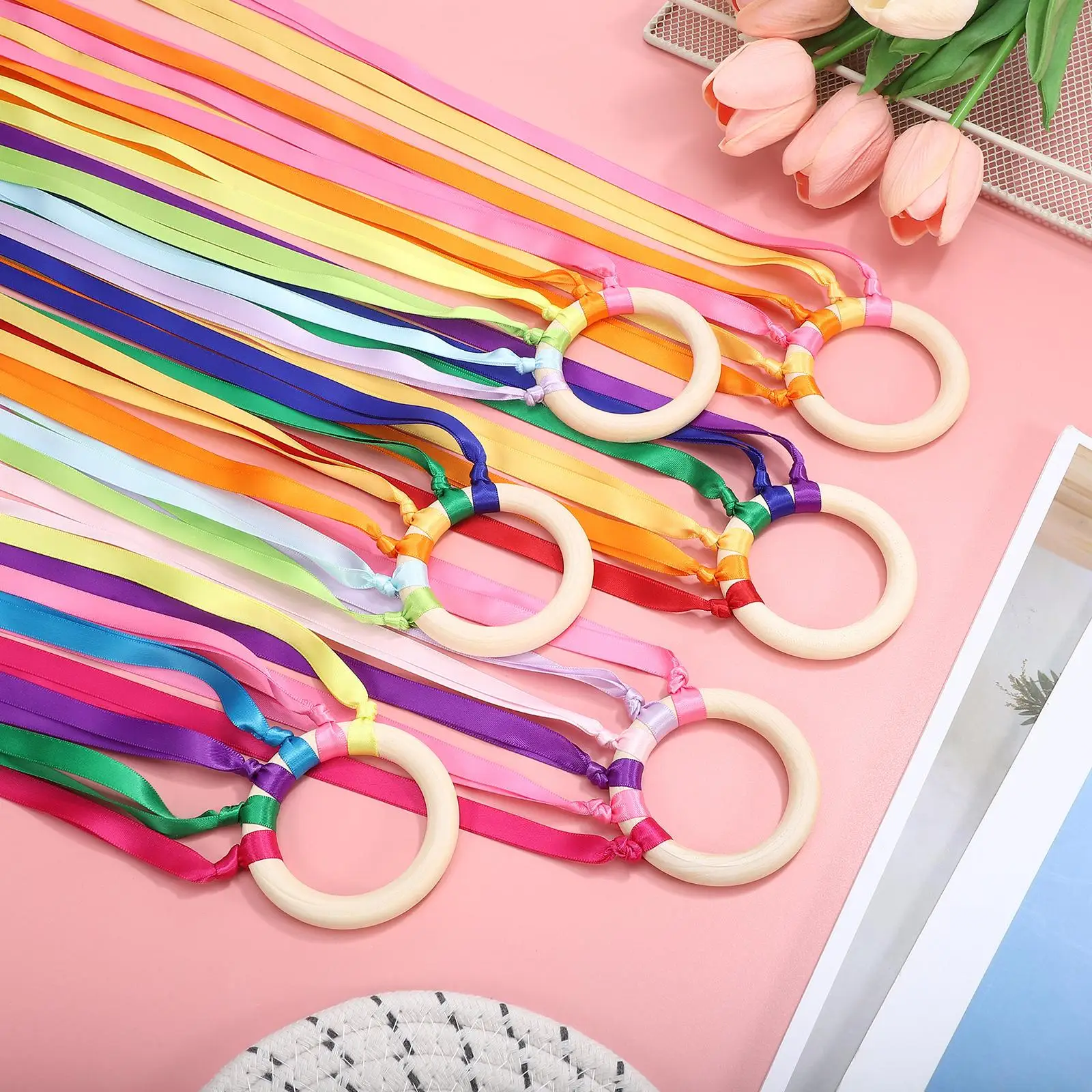 6 قطعة شريط دائرة خشبية لعب الاطفال غاسل الطفل في الهواء الطلق القماش الدائري الملونة طائرة ورقية الرقص الصولجانات غاسل اللافتات للأطفال