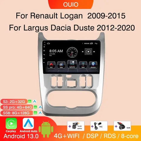 Renault Logan 1 Sandero 2009-2015 용 Android 13 라디오 Largus Dacia Duste 차량용 스테레오 멀티미디어 플레이어 Carplay Auto GPS Navi