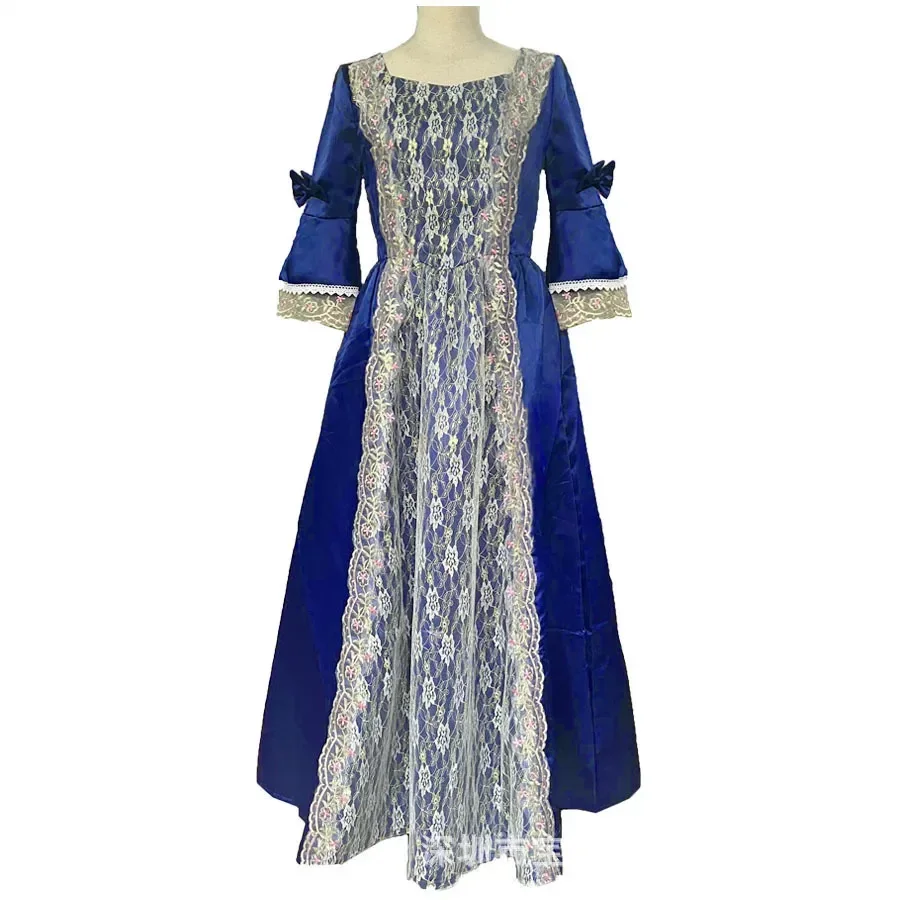 Women Medieval Dress 18th Century Retro Royal Style Lace Bow Decor Bell Sleeve Hallowen Party Perform Patchwork Satin Dresses