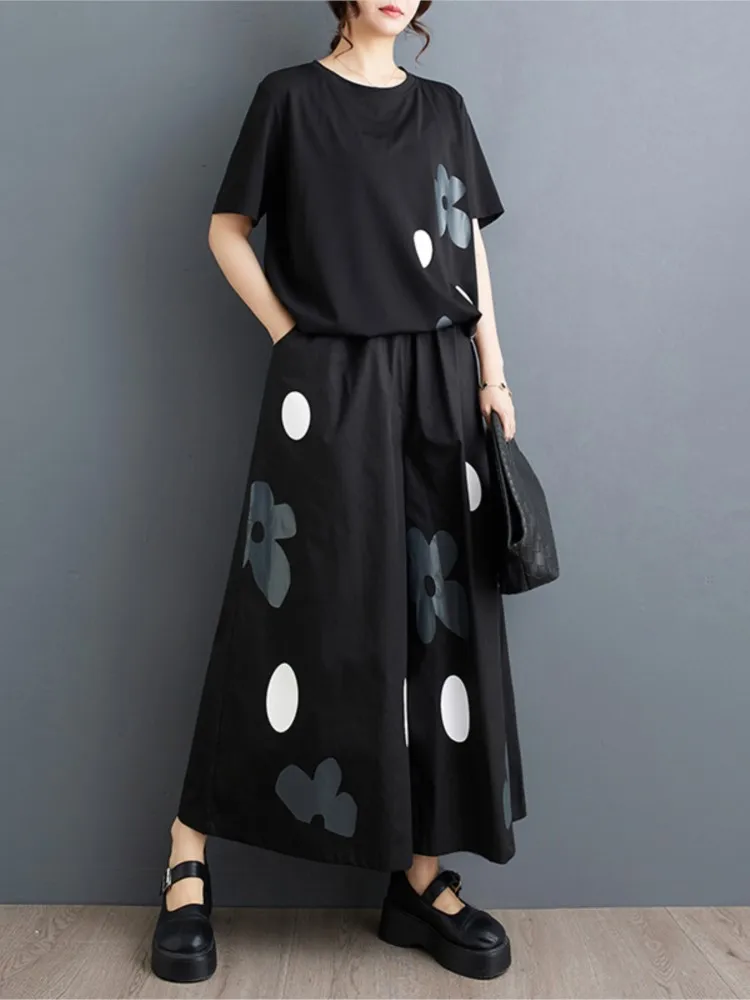 Oversized Polka Dot Print Summer 2 Two Piece Set Short Sleeve Casual Modis Women Ladies Blouse Pleated Loose Woman Wide Leg Pant