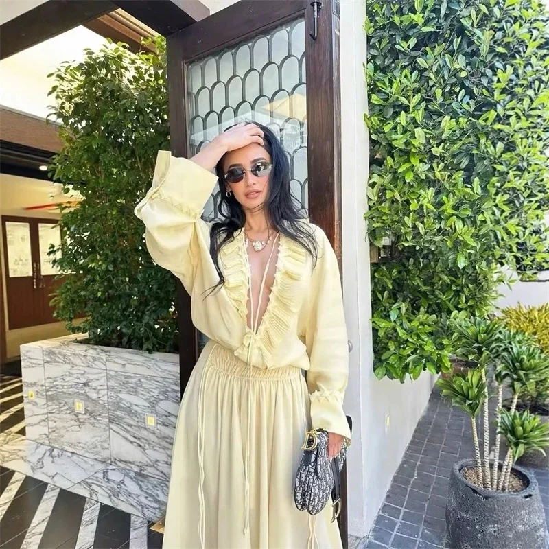 

Elegant Chiffon O-neck Yellow Shirt Women Fashion Street Loose Lace Up Ruffle Sleeve Shirts Lady Spring Summer Versatile Tops
